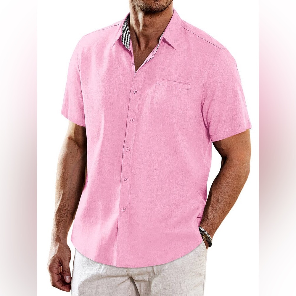 Coofandy Linen Blend Men's Pink Short Sleeve Button Down Shirt